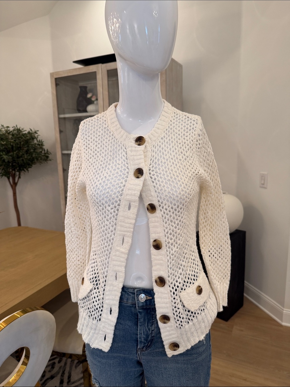 Cream Open Knit Button-Front Women's Cardigan Sweater
